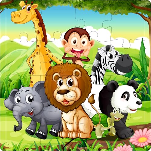 Image of Fiddlys Fiddly's 16-Piece Wooden Jigsaw Puzzles for Kids Ages 3+, Double Layered Wooden Puzzles with Bright Front & Back Print (Mix World Pack of 4)
