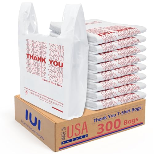 IUI 300 Count Thank You T-shirt Plastic Bags White With Handles, 4 Gallon (11.5' x 6.5' x 21') Trash...