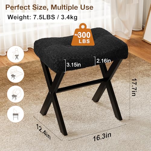 Image of Memobarco 18-Inch Vanity Stool Chair, Vanity Bench with Metal X-Legs, Ottoman Accent Stool with Breathable and Soft Boucle Fabric Saddle Seat, Black