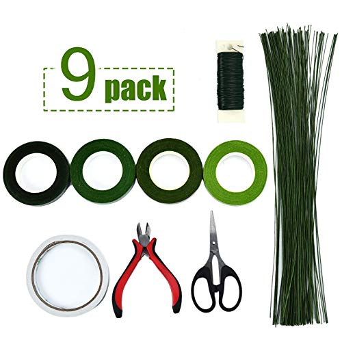 Floral Arrangement Kit,9 Pack Floral Arrangement Tools Include Floral Wire Cutter Shears, 4 Floral Tape,100 Pcs Stem Wire, Paddle Wire and Double-Sided Tape for Florist and Floral Design Lovers