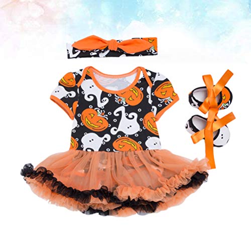 Conjunto de 3 peças em 1 KesYOO de Halloween com estampa de abóbora, vestido de manga curta e sapato