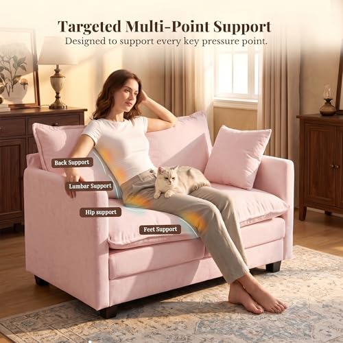 Image of Loveseat Sofa with Cloud 3-Layer Cushion & 27 inch Deep Seat, Modern Love Seat Small Couch with 2 Washable Pillows for Small Spaces, Bedroom, Apartment, Office, Living Room, in a Box, 50-Inch Blush Pink