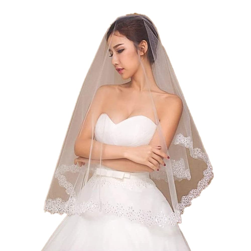 BZCSHOW Floral Wedding Veil Lace Bridal Veil Length Bridal Veil 59" Long Single Layer Chapel Veil Lace Edge Hair Accessories