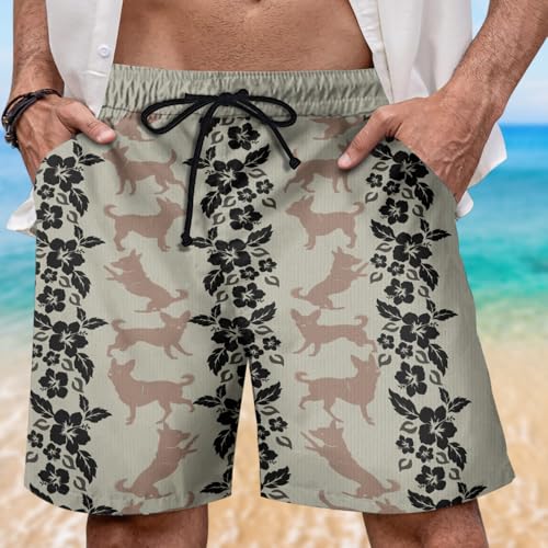 Vintage Dog Mens Swim Trunks - Dog Lover Hawaiian Mens Shorts Casual - Summer Drawstring Beachwear Shorts PA1032