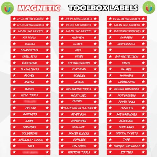 Image of Tenare Magnetic Tool Box Labels, 66 Pcs Toolbox Drawer Labels for Steel Chests, 4.5 x 0.75 Inch Organizer Magnets for Cabinets and Garage Storage(Red)