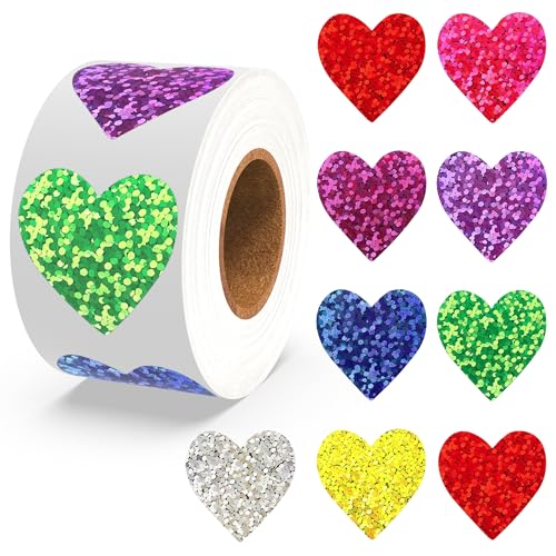 Heart Stickers Valentines Stickers for Kids 500Pcs 1 inch Self Adhesive Colorful Glitter Sticker for Reward Classroom Teacher Envelope Seal Mother Day Birthday Wedding Gift Decorative Label Sticker
