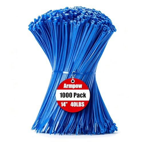 Image of Armpow 14 Inch Zip Ties Blue 1000 PCS, 40 Lbs- Heavy Duty Tensile Strength, Nylon PA66 UV Resistant Cable Ties for Indoor and Outdoor Use - Ideal for object bundling and fastening