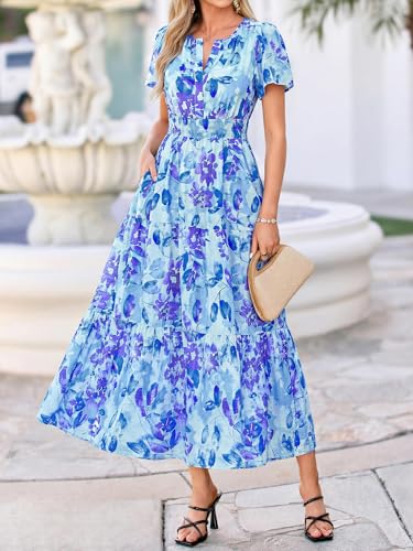 Image of BTFBM Womens Summer Floral Maxi Dresses V Neck Short Sleeve Boho Casual Flowy Long Wedding Guest Dress Beach Vacation