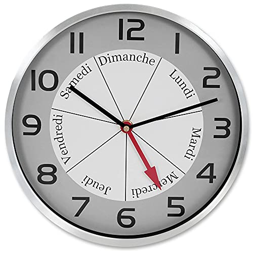 FISHTEC Horloge Murale avec Indication du Jour de la Semaine - Pendule Murale - Facile à Lire - Grands Chiffres - Ø 30 CM - Cadre en Aluminium Brossé - Gris & Noir