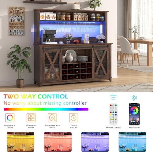 Image of 63 inchWide 58 inchH Farmhouse Coffee Bar Cabinet with Power Outlet and LED Light,Wine Bar Cabinet w / 4 Storage Hutch,Kitchen Buffet Cabinet with 15 Wine and Glass Racks for Kitchen Dining Room(Brown)