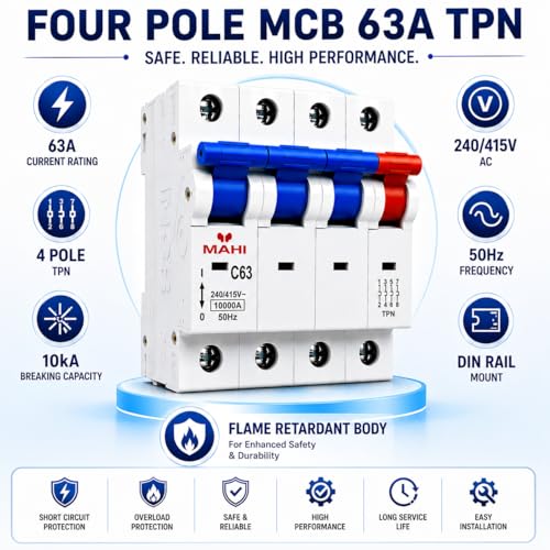 Image of MAHI 63A Four Pole MCB C Curve, Miniature Circuit Breaker with Overload & Short Circuit Protection, 63A Breaking Capacity, Durable Polycarbonate Body for Home & Industrial Use
