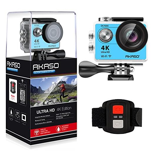 AKASO Cámara Deportiva WiFi 4K 12MP Cámara acuatica sumergible 30m Cámara de accion Cargador con 2 Baterías Accesorios Multiples Para Buceo Ciclismo Surf 2.0" Pantalla 170° Gran Ángulo (EK7000)