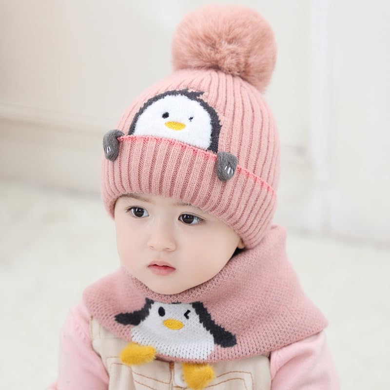 Winter Knit Beanie Hat Scraf Set, Cute Cartoon Penguin Soft Warm Hat for Boys Girls