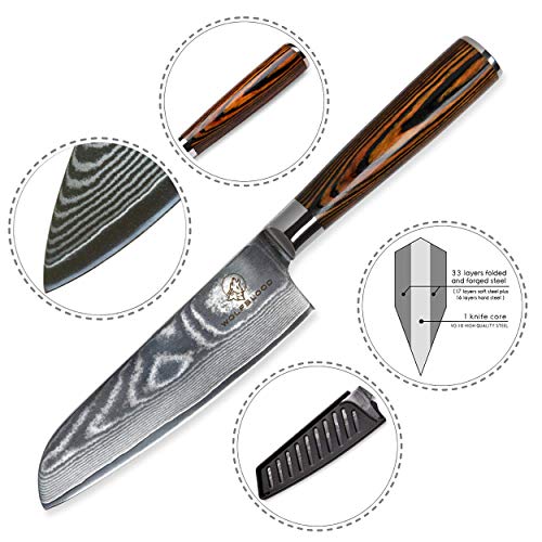 Wolfblood Damastmesser Santoku Messer L(24cm/13cm Klinge) TÜV geprüfter 62 HRC Damaststahl aus...
