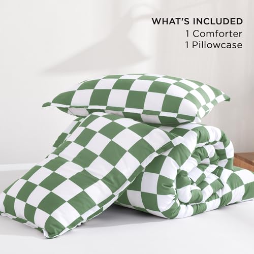 Image of Andency Green Checkered Comforter Twin(66x90Inch), Plaid Gingham Buffalo Grid Bedding Comforter Sets for Boys Kids Teens, 2 Pieces Lightweight Polyester Geometric Preppy Bed Set