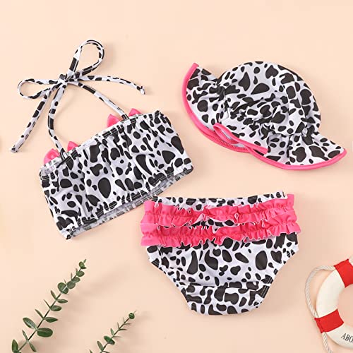 Toddler Baby Girls Swimsuit Bikini Sets Halter Sleeveless Crop Tube Top Ruffle Shorts Sun Hat 3Pcs Bathing Suit (Black Cow Print, 12-18 Months) #TOP2