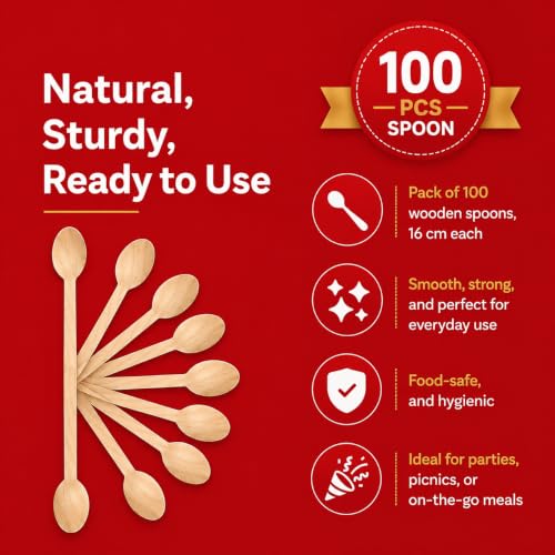 Image of 160 mm, 100 Pack Disposable Spoons | Wooden Dining Flatware | Ideal for Kids Birthday, Wedding & Party