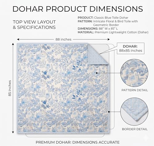 Image of BSB HOME Cotton Dohar for Double Bed, Lightweight AC Dohar Blanket, Soft Breathable Fabric, All-Season Comfort, Easy Care - 85 x 88 Inches (216 x 224 cm) (Powder Blue Bloom)