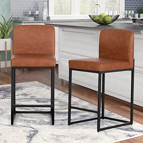 Sophia & William Bar Stools Set Of 2 Counter Height 24" Bar Stools With Back, Modern Pu Leather Kitchen Counter Stools Upholstered Farmhouse Metal Frame Bar Chairs,300Lbs,Brown #TOP5