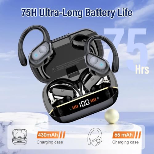 Image of Qecnato Wireless Earbuds Bluetooth 5.4 Headphones 75H Stereo Deep Bass Sports Over Ear Buds with Earhooks, LED Display Bluetooth Earbuds with 4 ENC Mic, IP7 Waterproof Earphone for Running