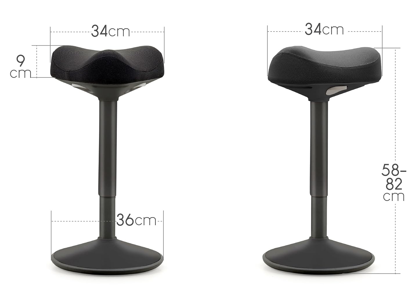 Tabouret Ergonomique à Bascule, Hauteur Réglable, Assise Confort Matelassée Forme Selle, Base Bombée Antidérapante, Noir