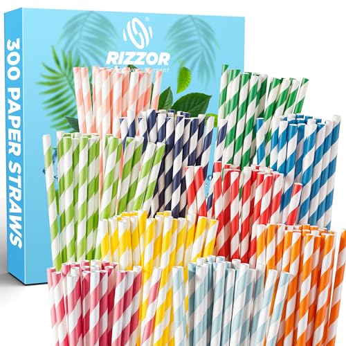 300 Pcs Paper Straws Colorful - 100% Biodegradable and Eco Friendly Alternative to Plastic - Sturdy Non Soggy Drinking Straws Ideal for Cocktails Milk Events and Parties Straw.