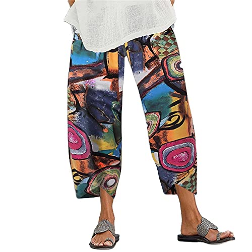 Akivide Women's Loose Plus Size Cotton Wide Leg Pants Linen Elastic Waist Casual Cropped Trousers with Pockets
