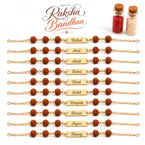 Image of Thebaegift Personalized Rudraksh Rakhi With Name | With Name Customization | Rakhi Combo For Brothers | Best Raksha Bandhan Gift | Name Rakhi For Bhaiyya