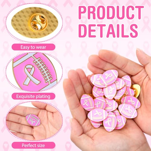 30 Pcs Pink Ribbon Football Breast Cancer Awareness Metal Lapel Brooch Pins for Football Team Women Survivor Public Events Charity Fundraising Gifts Jewelry Backpacks Hats Bags Bulk3