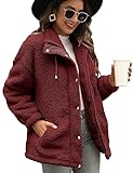 TCOT Women Sherpa Jacket Cozy Shearling Outwear Zipper Warm Winter Fleece Teddy Bear Coat Button Jackets Lapel Outerwear Wine Red M