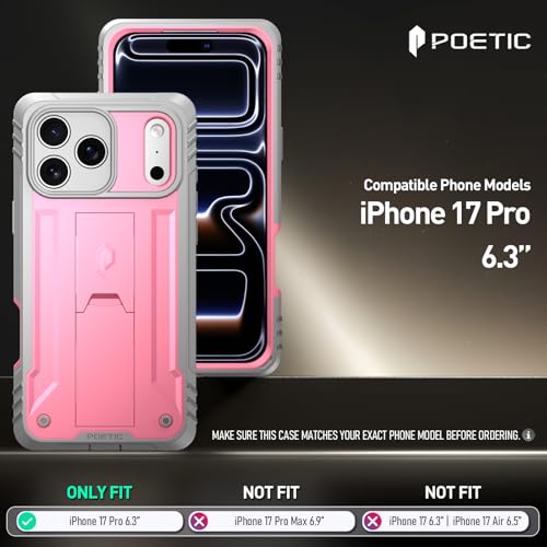 Image of Poetic for iPhone 17 Pro Case with Camera Control Capture Button, [Built-in Stand] [Built-in Screen Protector] Full-Body Military Grade Rugged Phone Case for iPhone 17 Pro, Pink