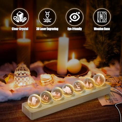 Image of JOJOCY Christmas Glass Crystal Ball Light with Wooden Base, USB-Powered Colorful LED Night Lamp with 7 Christmas Tree Santa Claus and Elk Patterns for New Year's Gift