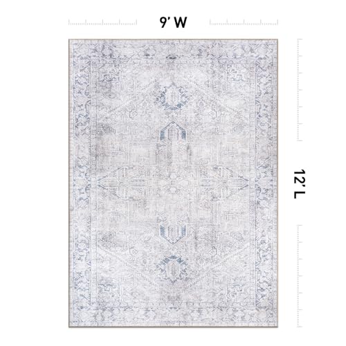 Rugshop Blue Vintage Boho Medallion Area Rug — Machine Washable, 9'x12' for Living Room, Dining Room and Bedroom