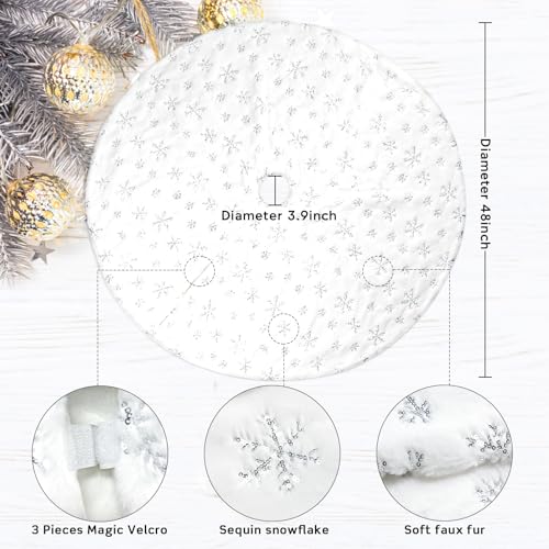 COOLWUFAN-48-Inches-Christmas-Tree-Skirt-for-Xmas-Tree-Holiday-Party-Decorations-White-Plush-Silver-Sequin-Snowflake-Silver COOLWUFAN 48 Inches Christmas Tree Skirt for Xmas Tree Holiday Party Decorations White Plush Silver Sequin Snowflake Silver