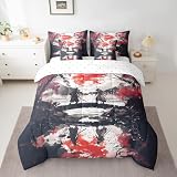 Japanese Samurai Comforter Set Full,7 Pcs Cherry Blossoms Bed In A Bag Sakura Flower Bedding Ink Painting Warrior Bed Set (1 Comforter,2 Pillowcase,2 Throw Pillow Covers,1 Flat Sheet,1 Fitted Sheet)