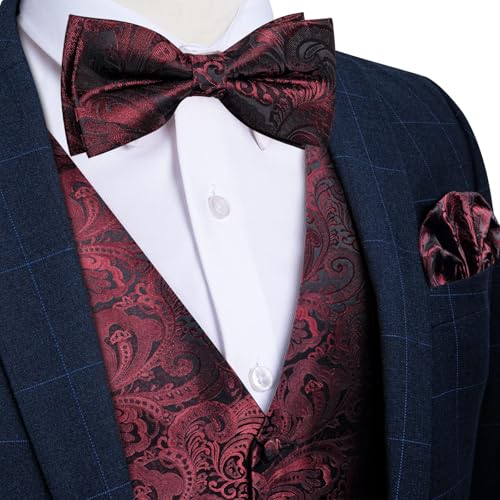 Image of DiBanGu Mens Paisley Suit Waistcoat,Silk Dress Vest and Bowtie Pocket Square Cufflinks with Lapel Pin Set for Wedding Tuxedo