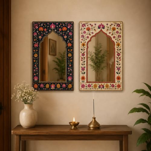 Image of American Elm Pack of 2 Jharokha Mirror Wall Decor for Home Decor Living Room Bedroom and Entryway Indian Floral Arch Acrylic Mirror Wall Hanging