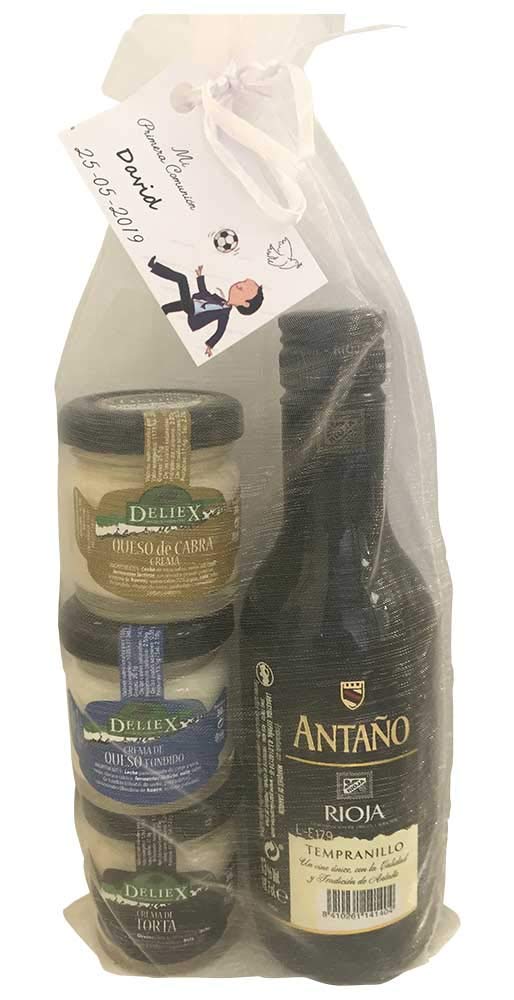 Regalo de vino Rioja Antaño Cosecha con 3 tarros en miniaturas de quesos en bolsa de organza (Pack 24 ud)
