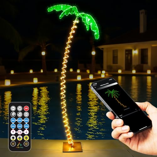 7FT Lighted Palm Tree Timer Waterproof APP & Remote Music Sync Dimmer Outdoor Artificial Trees with Glowing Leaves and Rope LEDs for Outside Patio Pool Yard Tiki Bar Holiday Decor