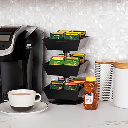 Mind Reader TEASWIV3T-BLK Anchor Collection, 3-Tier, 12-Compartment and Condiment Carousel Countertop Storage, Tea Stand, Kitchen, L x 6.75\ W x 11.5\ H, Plastic, Schwarz