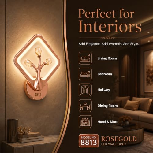 Image of Rose Gold LED Wall Light for Home Decor | 3 Color Changing Crystal Wall Lamp with Warm, Neutral & Cool White Modes | Modern Decorative Luxury Sconce for Bedroom, Living Room & Bedside