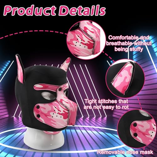 HBSFBH Hundemaske aus Leder, weiche Hundemaske mit Ohren, Ch-ien-Maske, verstellbar, aus Material, Halloween-Maske, mit Kapuze, Cosplay, für Urlaubsparty (Rosa)