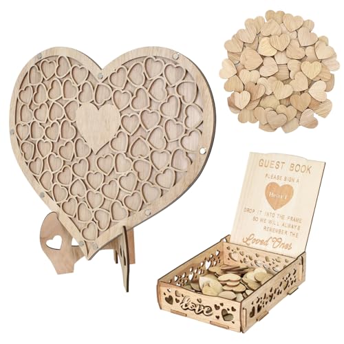 KYSUN Libros de Visitas Boda, Libro de Firmas de Madera para Bodas con 100 Corazones, Regalos de Bautismo Decoraciones de Mesa de Fiesta de Boda, Marco de Boda Alternativo, Libro Firmas Boda Madera
