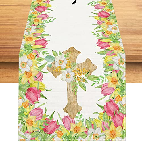 Linen He is Risen Table Runner Easter Table Runner Spring Easter Christian Cross Resurrection Decorations and Supplies for Home Kitchen Table-13×72''