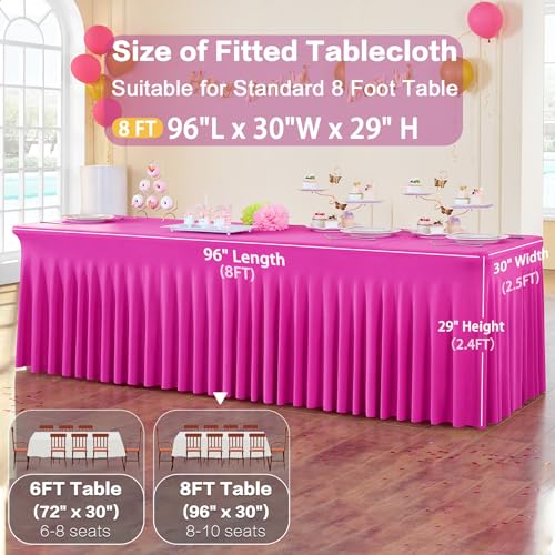 Image of 3 Pack Hot Pink Spandex Tablecloth for 8 Foot Rectangle Tables, Wrinkle Free Fitted Table Cloth Cover 8ft Fuchsia Stretchy Tablecloths Desk Skirt for Parties Weddings Birthday Banquet Baby Shower
