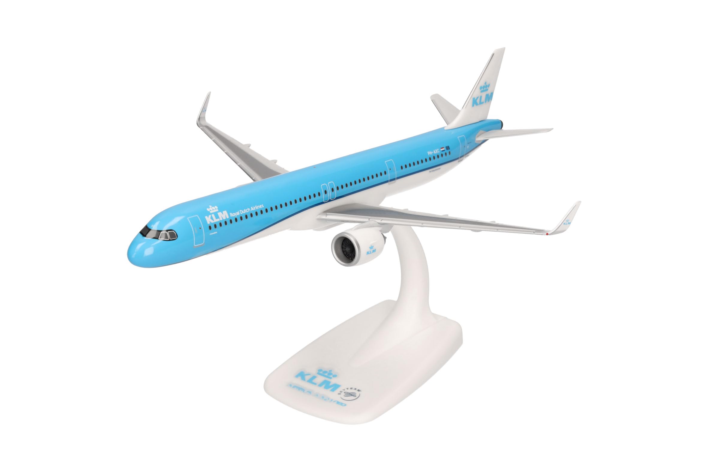 Herpa Snap-Fit airplane model KLM Airbus A321neo, on a scale of 1:200, plastic miniature with pedestal, collectors edition