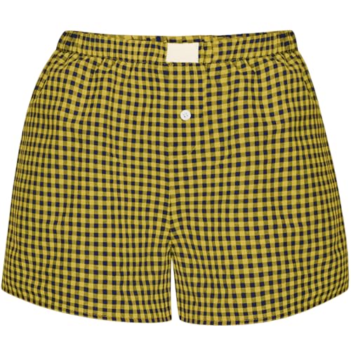Image of Womens Y2k Plaid Shorts Women Cute Lounge Pajama Sleep Comfy & Casual Gingham PJ Boxer Shorts Yellow-blue 4XL