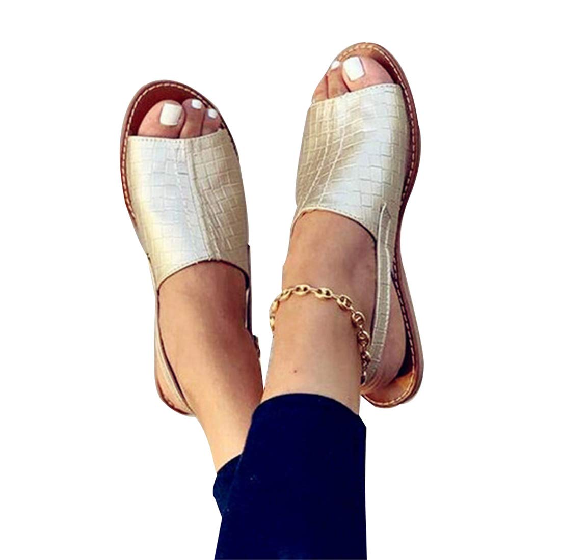 WOPOOSWomens Walking Sandals Leather Flat Summer Sandals Ladies Casual Open Roman Sandal Outdoor Comfort Beach Sandals Fashionable Non-slip Breathable Clogs Mules (Gold 38 EU)