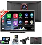 PLZ 9' Portable Wireless Apple Carplay Screen for Car, Android Auto Plug In Car Play Car Stereo Touchscreen, FM Transmitter Bluetooth, 4K Dash Cam, G-Sensor, Brightness Adjustment, 1080P Backup Camera
