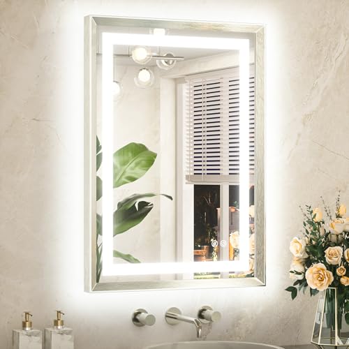 TETOTE 22 x 30 Bathroom LED Mirror Brushed Bright Nickel Metal Frame Frontlit & Backlit Vanity Mirror Anti-Fog Stepless Dimmable 3 Colors White/Warm/Natural Mirror with Lights Wall-Mounted